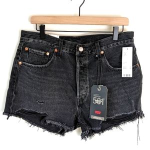 Levi's 501 Black Distressed High Rise Cut Off Hidden Button Fly Shorts